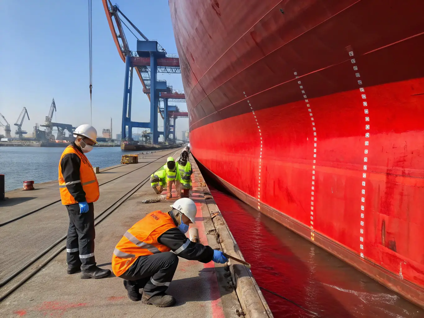 A yacht hull being meticulously painted in a shipyard, with workers applying a protective coating. The image emphasizes the precision and care involved in yacht surface treatment, highlighting the use of Corols' marine-grade paints.