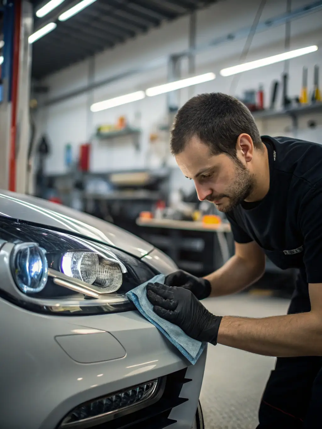 A photo of a Corols field technician providing on-site color matching service at a local automotive body shop, using a spectrophotometer to analyze the car's paint and ensure a perfect match.