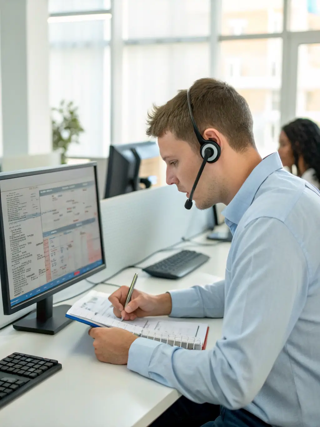 A photo of a Corols technician providing technical support over the phone, assisting a bodyshop with troubleshooting a paint application issue and offering expert advice.