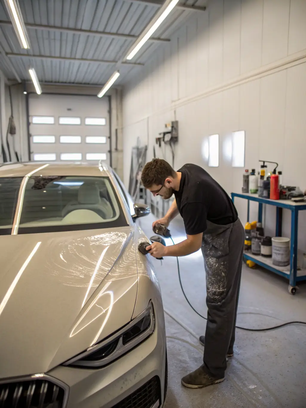 A Corols technician providing training to bodyshop staff on the proper application techniques for Lechler Refinish paints, demonstrating spray gun usage and paint mixing ratios.