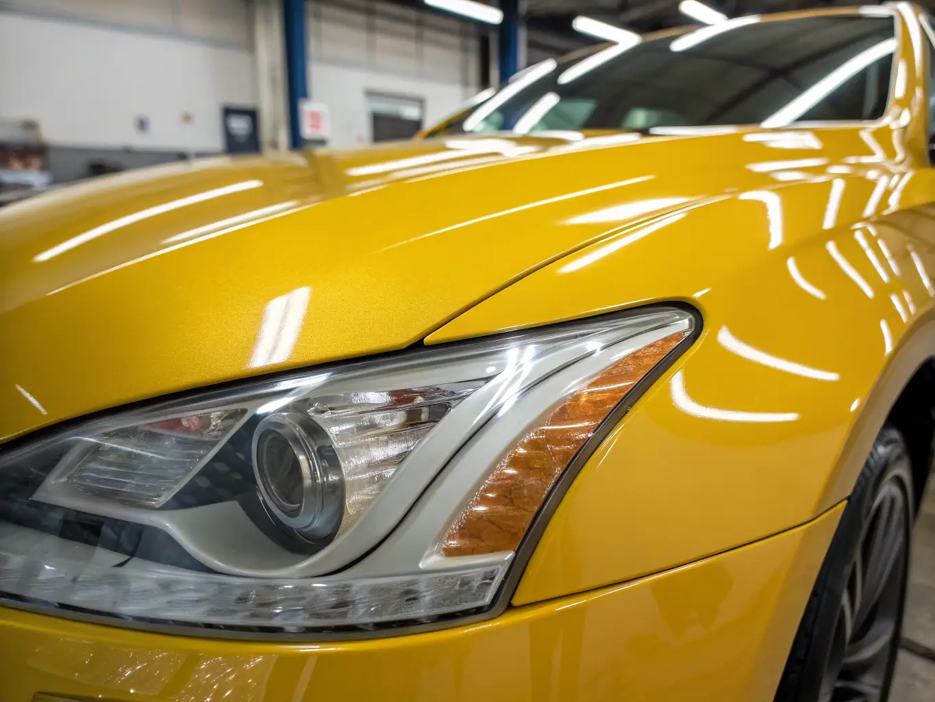 A close-up shot of a freshly painted car panel in an automotive factory, showcasing the smooth, glossy finish achieved with Corols' automotive paints. The lighting highlights the depth of color and the quality of the surface treatment.